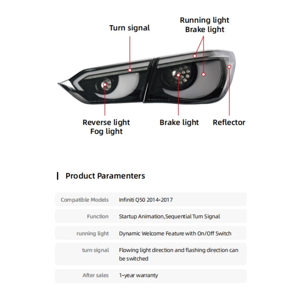 Infiniti Q50 2014–2017 RGB Flow Sequential LED Tail Lights — Plug & Play