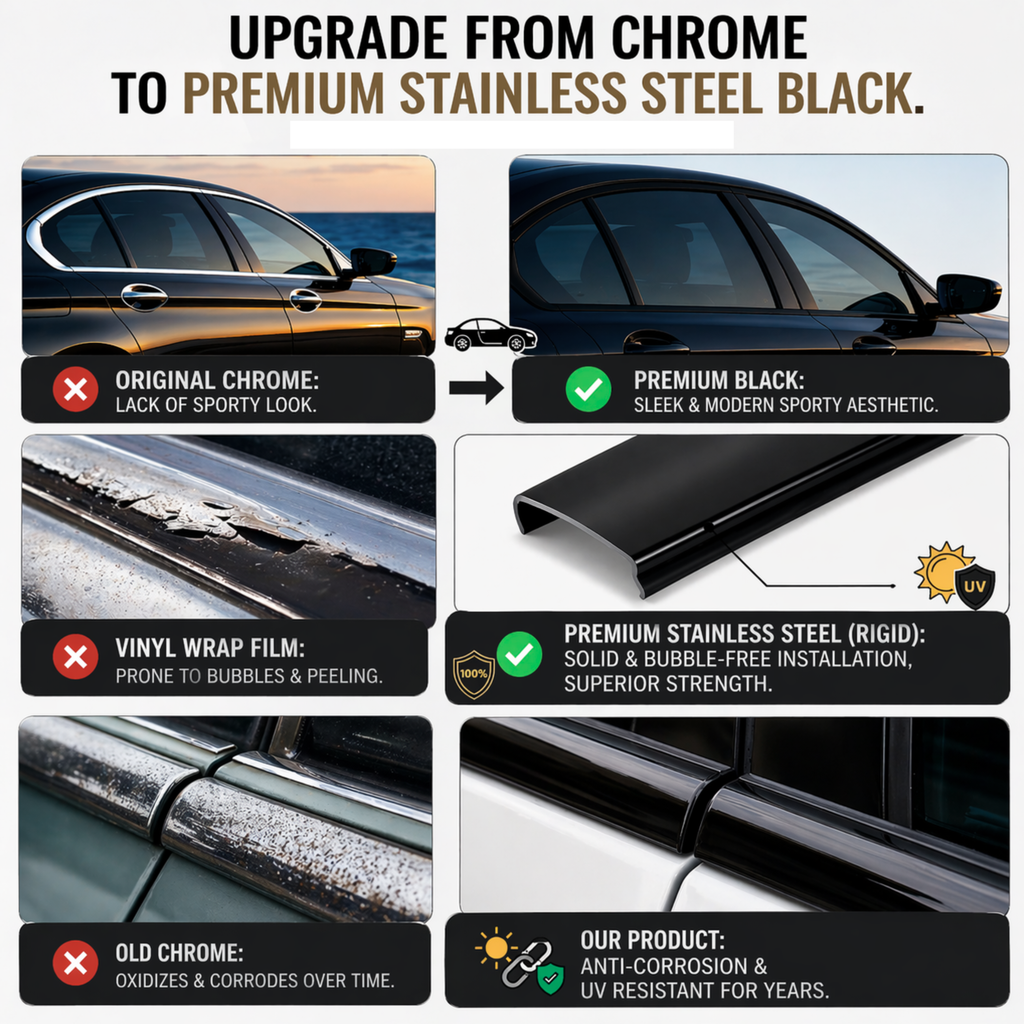 Gloss Black Chrome Delete Window Trim Kit for Infiniti Q50 (2014–2024) – Stainless Steel