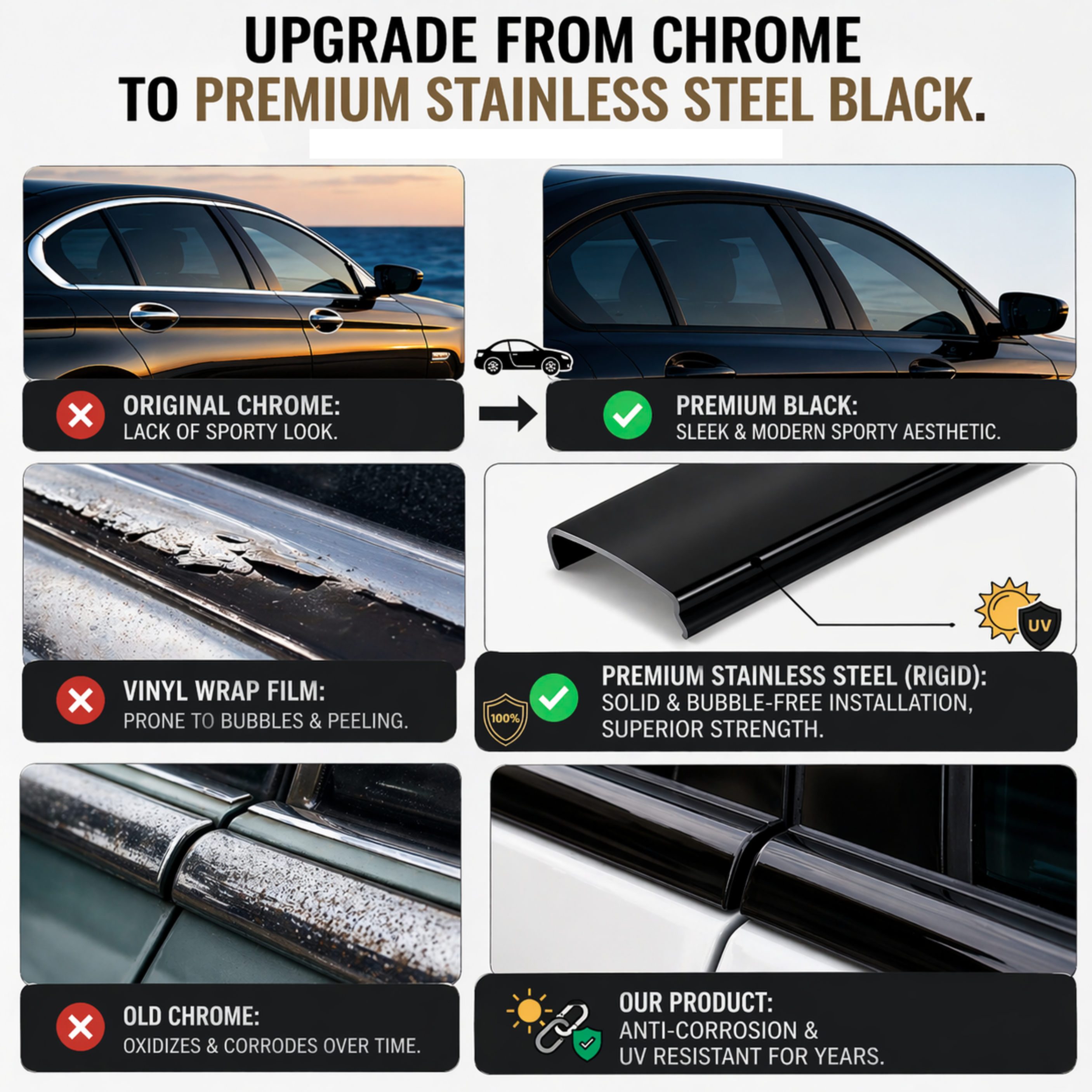 Gloss Black Chrome Delete Window Trim Kit for Infiniti Q50 (2014–2024) – Stainless Steel